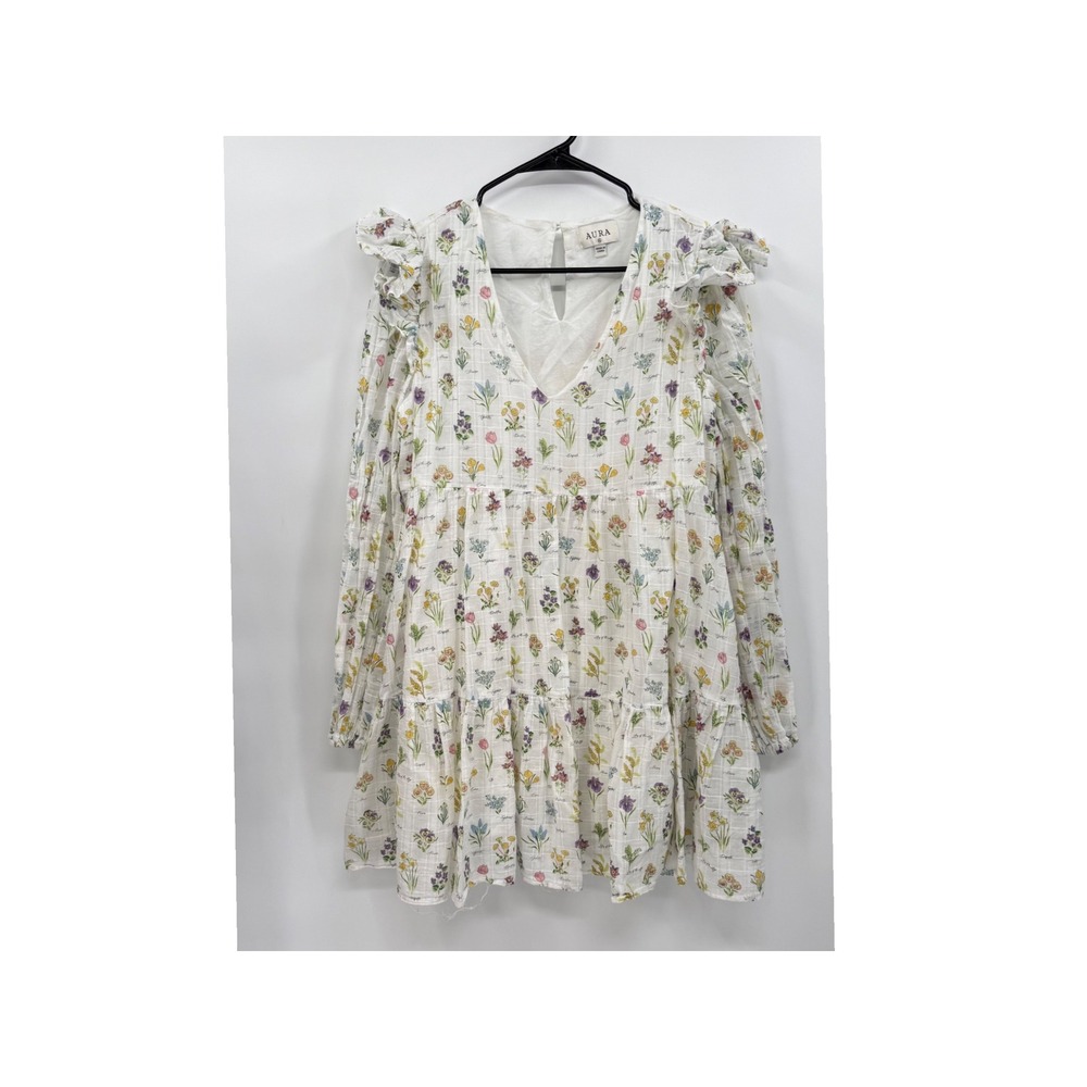 Aura XL Tiered Mini Dress Womens White Floral Botanical Print Ruffle‎ Pockets